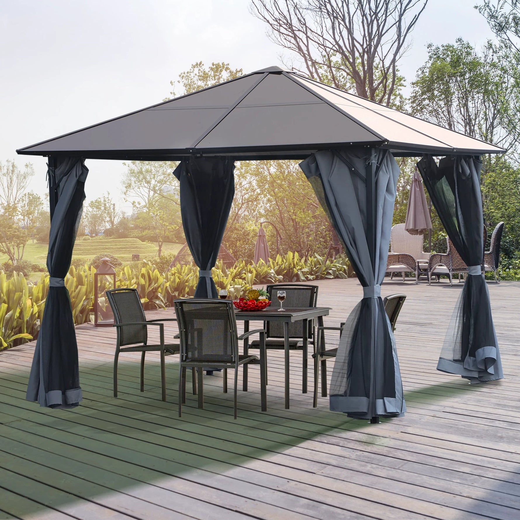 Unbranded 3x3(m) Polycarbonate Hardtop Gazebo Canopy w/ Aluminium Frame Netting & Curtains - Gazebos