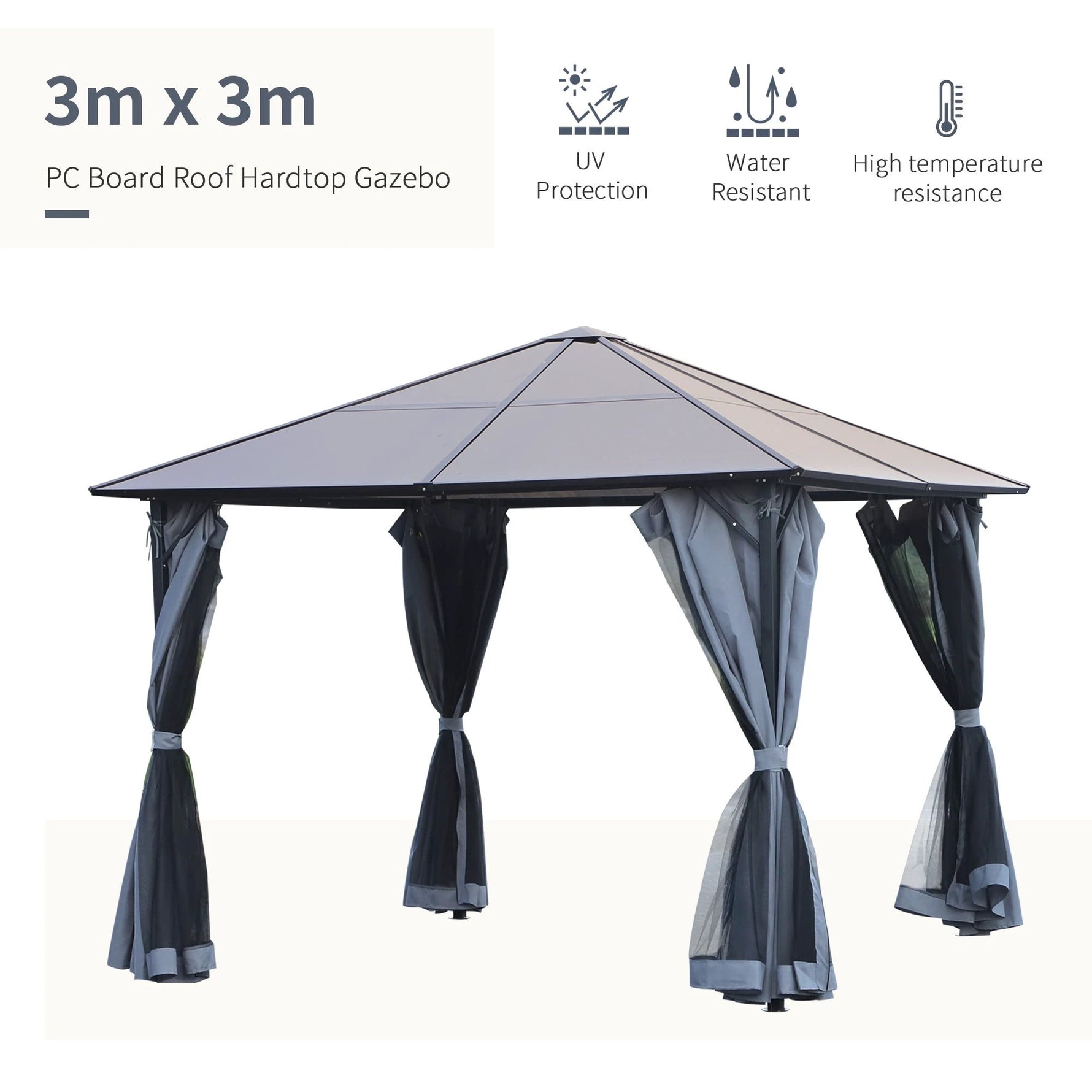 Unbranded 3x3(m) Polycarbonate Hardtop Gazebo Canopy w/ Aluminium Frame Netting & Curtains - Gazebos