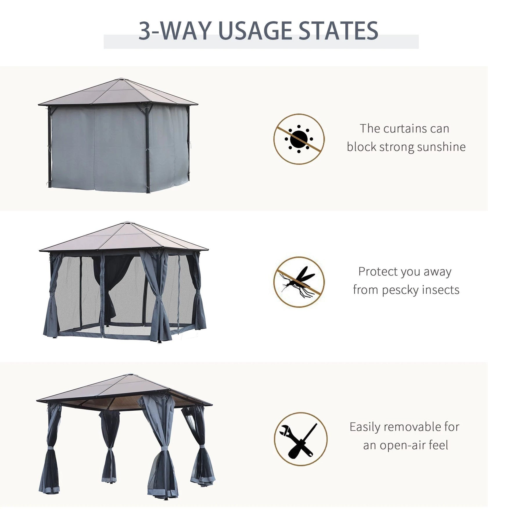 Unbranded 3x3(m) Polycarbonate Hardtop Gazebo Canopy w/ Aluminium Frame Netting & Curtains - Gazebos