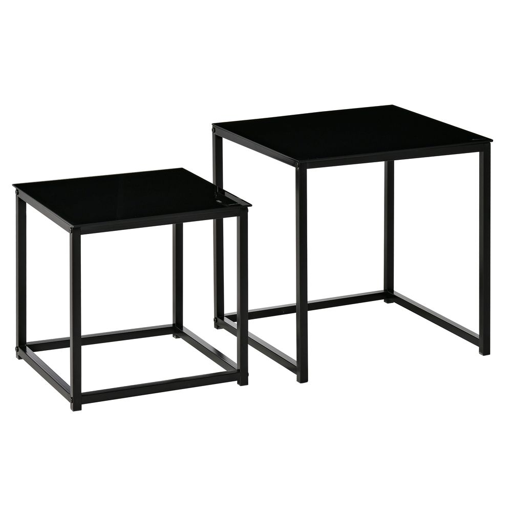 Nest of 2 Side Tables Set of Bedside Tables w/ Tempered Glass Desktop Black - Nest of Tables from Unbranded