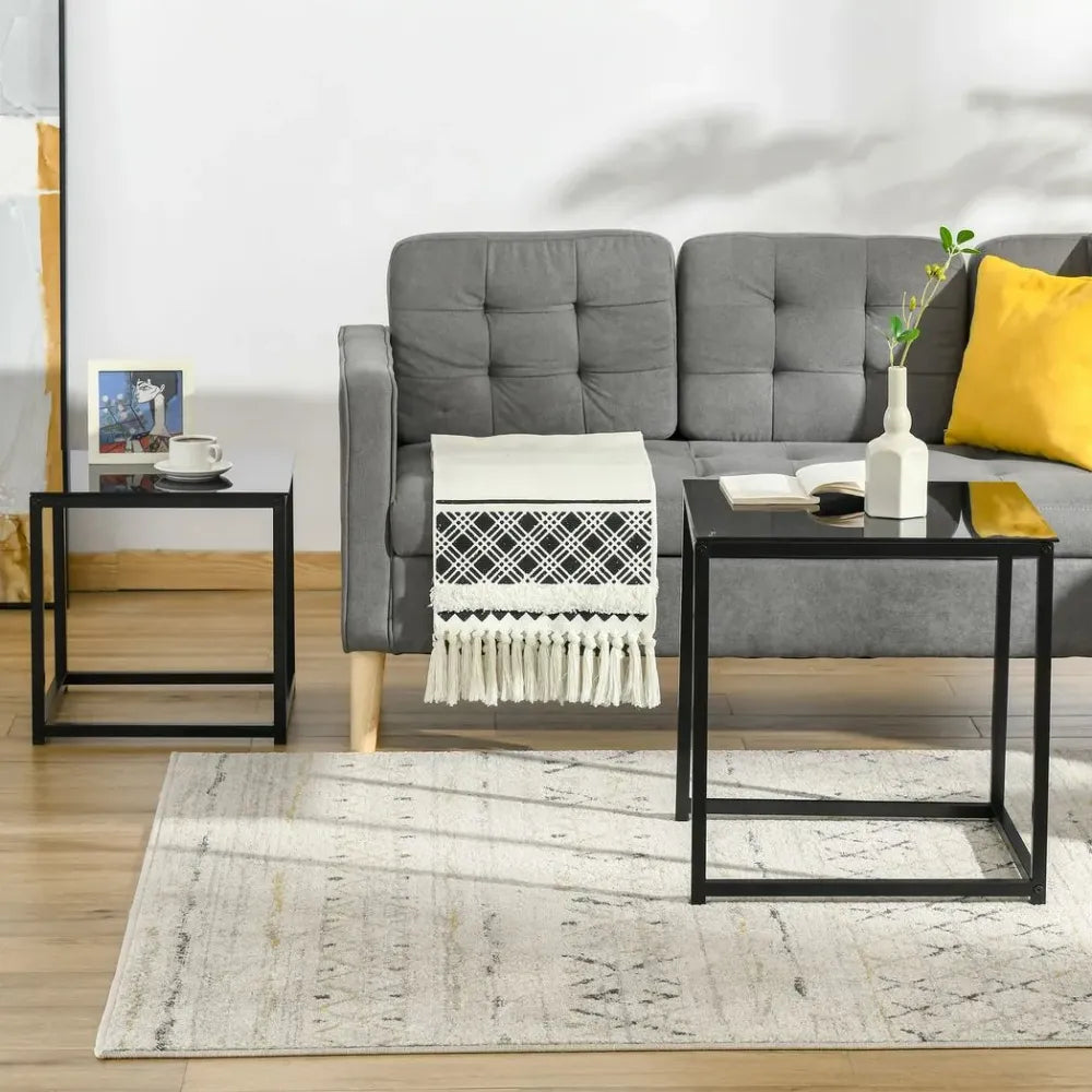 Nest of 2 Side Tables Set of Bedside Tables w/ Tempered Glass Desktop Black - Nest of Tables from Unbranded