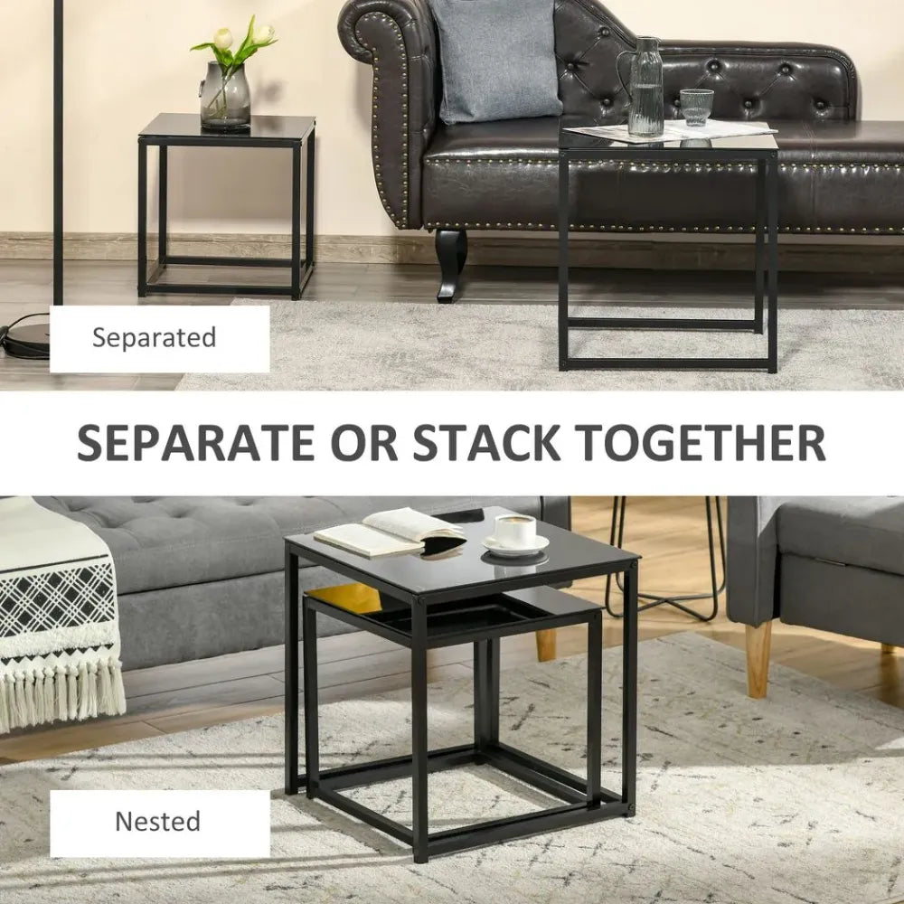 Nest of 2 Side Tables Set of Bedside Tables w/ Tempered Glass Desktop Black - Nest of Tables from Unbranded