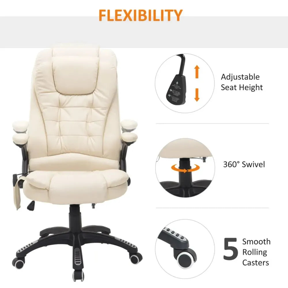 Executive Office Chair with Massage and Heat PU Leather Reclining Chair, Beige - Office Chair from Unbranded