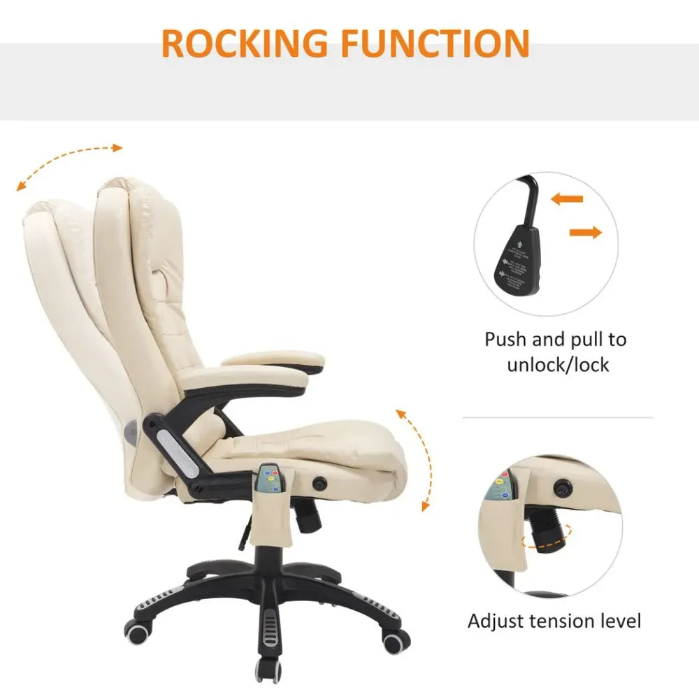 Executive Office Chair with Massage and Heat PU Leather Reclining Chair, Beige - Office Chair from Unbranded