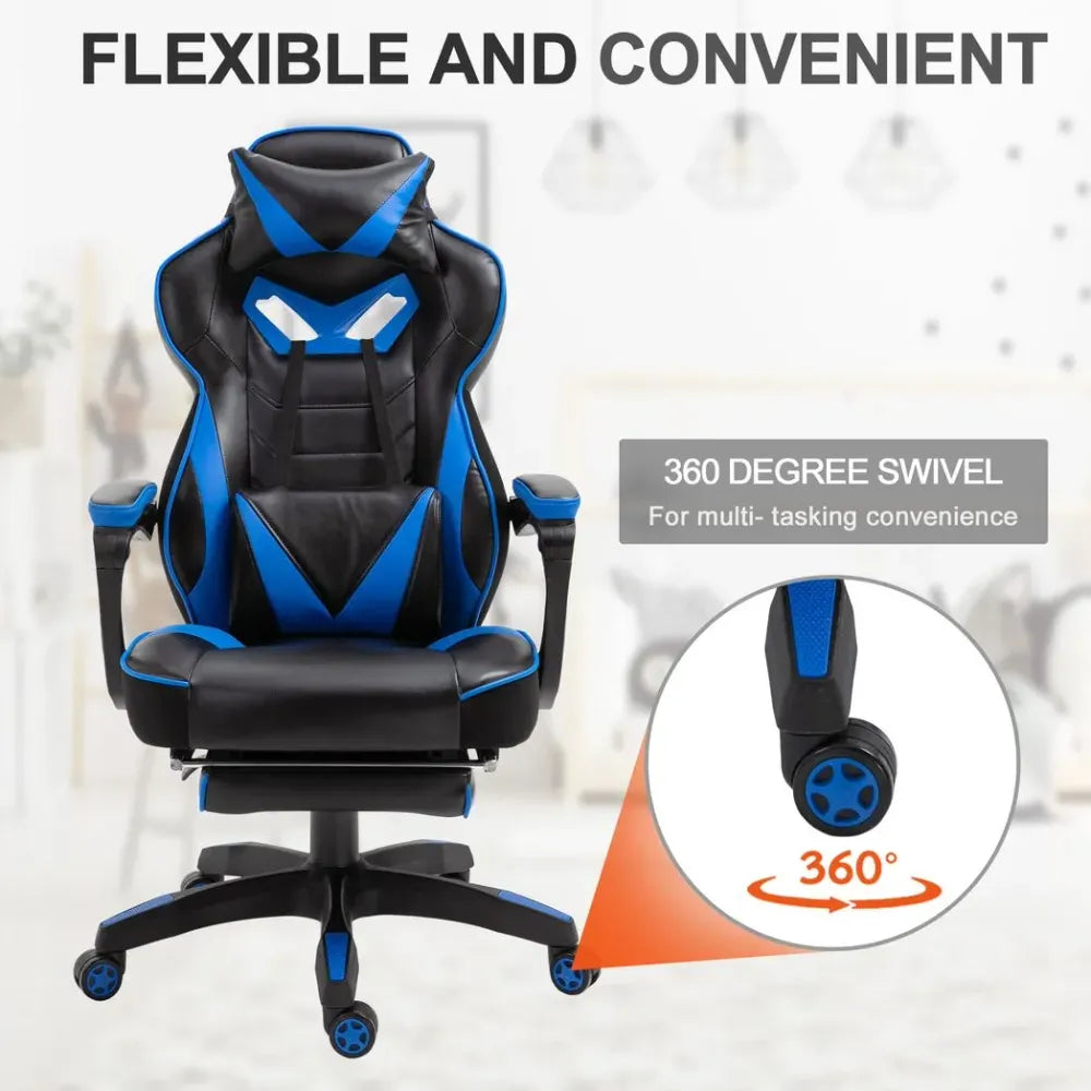 Gaming Chair Ergonomic Reclining w/ Manual Footrest Wheels Stylish Office Blue - Office Chair from Unbranded