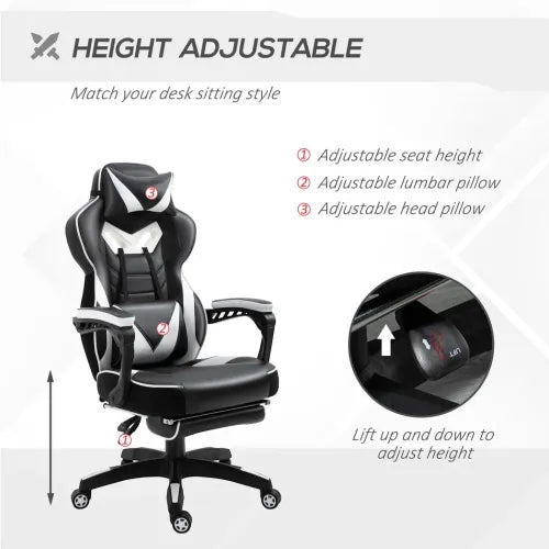 Gaming Chair Ergonomic Reclining w/ Manual Footrest Wheels Stylish Office White - Office Chair from Unbranded