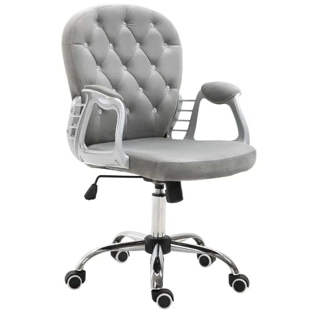 Office Chair Luxury Velour Diamond Tufted Padded Ergonomic 360 Swivel Grey - Office Chair from Unbranded