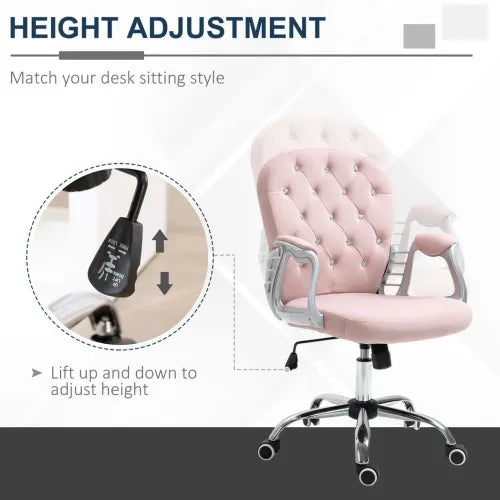 Office Chair Luxury Velour Diamond Tufted Padded Ergonomic 360 Swivel Pink - Office Chair from Unbranded