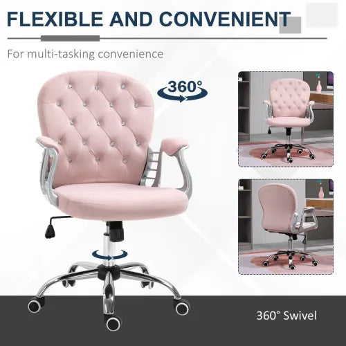 Office Chair Luxury Velour Diamond Tufted Padded Ergonomic 360 Swivel Pink - Office Chair from Unbranded