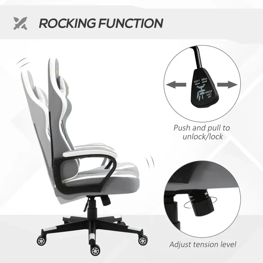 Racing Gaming Chair w/ Lumbar Support, Headrest, Gamer Office Chair, Grey White by Unbranded