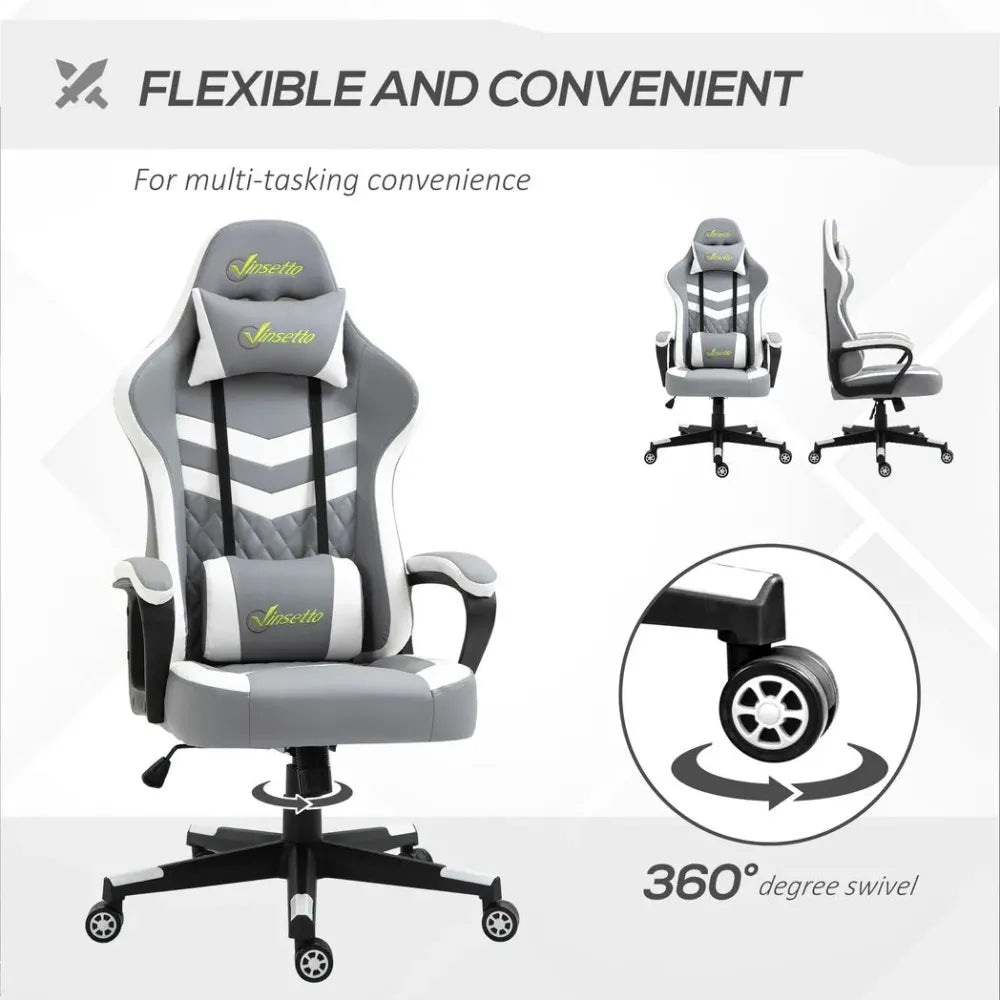 Racing Gaming Chair w/ Lumbar Support, Headrest, Gamer Office Chair, Grey White - Office Chair from Unbranded