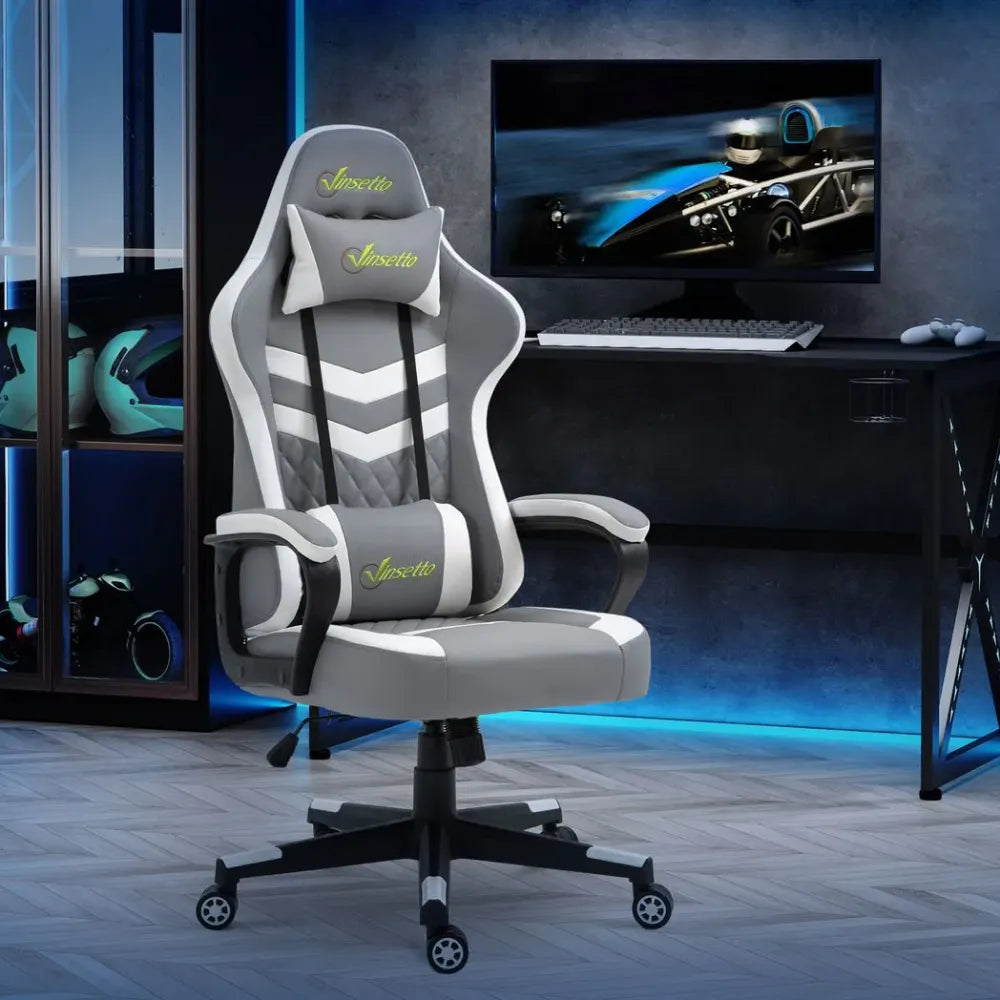 Racing Gaming Chair w/ Lumbar Support, Headrest, Gamer Office Chair, Grey White - Office Chair from Unbranded