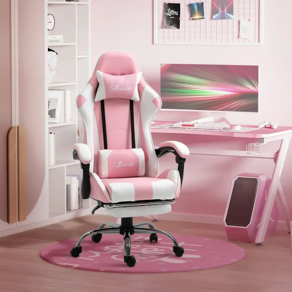 Racing Gaming Chair w/ Lumbar Support, Home Office Desk Gamer Recliner, Pink - Office Chair from Unbranded