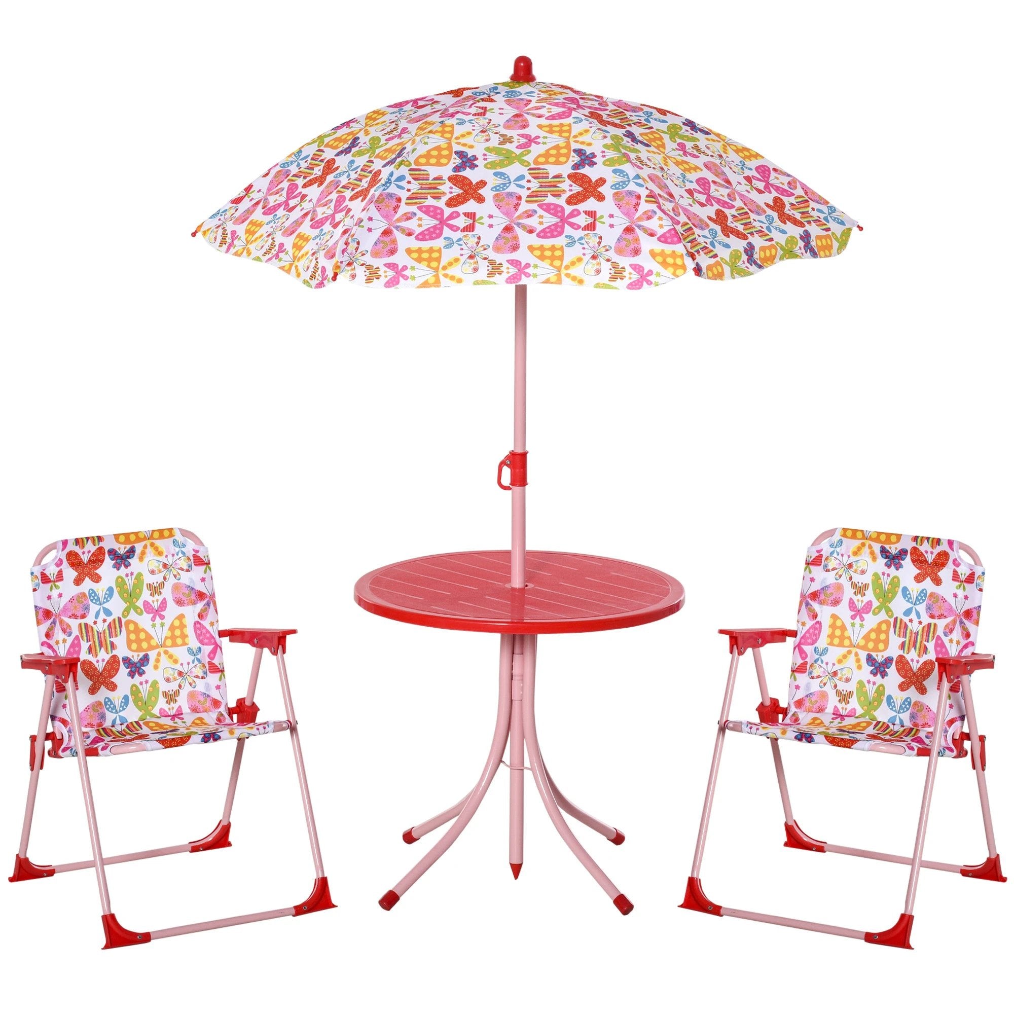 Outsunny Kids Folding Picnic Table Chair Set Butterfly Pattern Outdoor Parasol by Unbranded