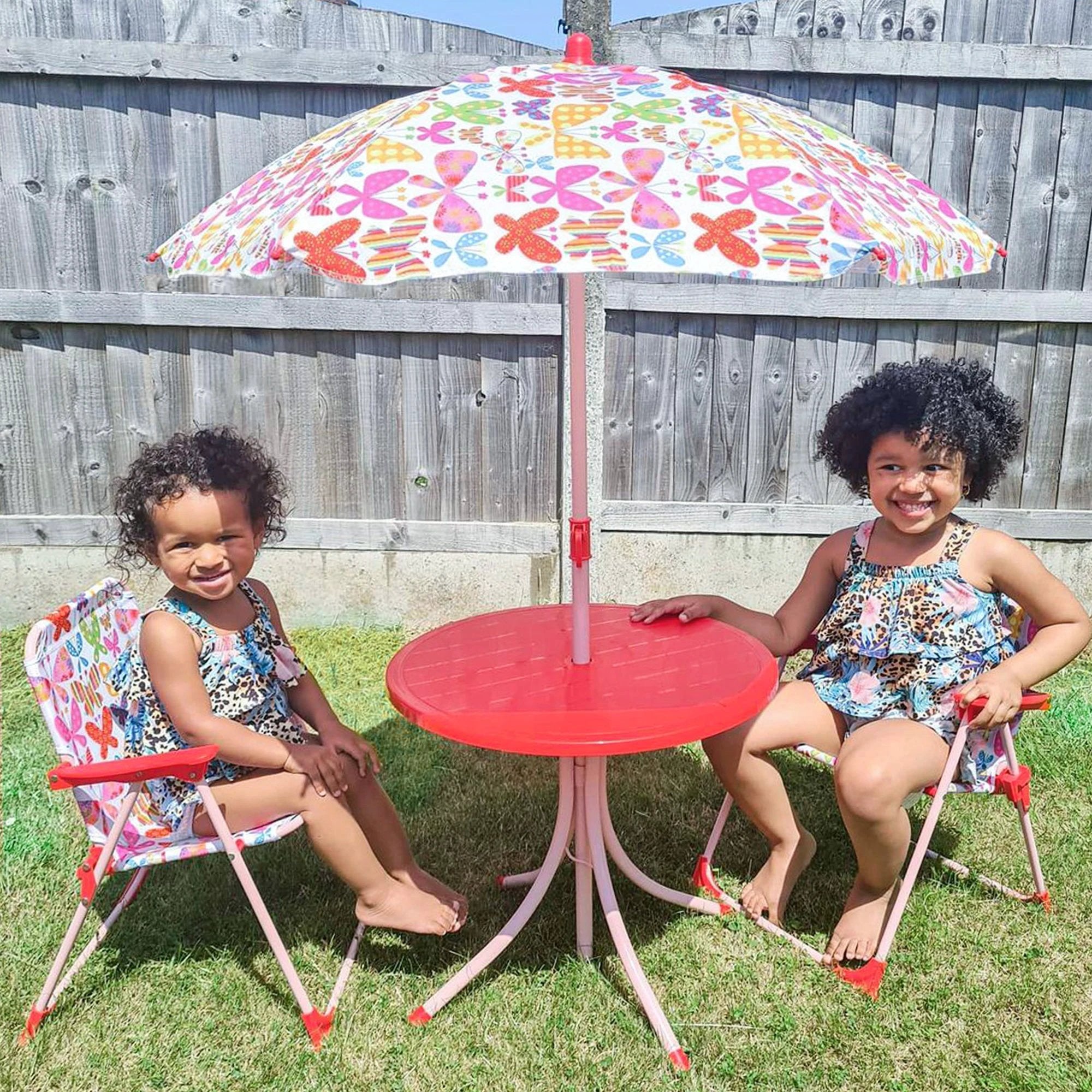 Outsunny Kids Folding Picnic Table Chair Set Butterfly Pattern Outdoor Parasol by Unbranded
