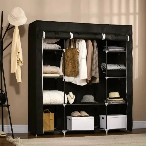 Unbranded Fabric Wardrobe Portable Wardrobe with 10 Shelves 1 Hanging Rail Black - Wardrobe
