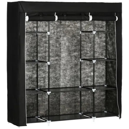 Fabric Wardrobe Portable Wardrobe with 10 Shelves 1 Hanging Rail Black - Wardrobe from Unbranded