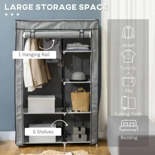 Fabric Wardrobe Portable Wardrobe with 6 Shelves 1 Hanging Rail Light Grey by Unbranded