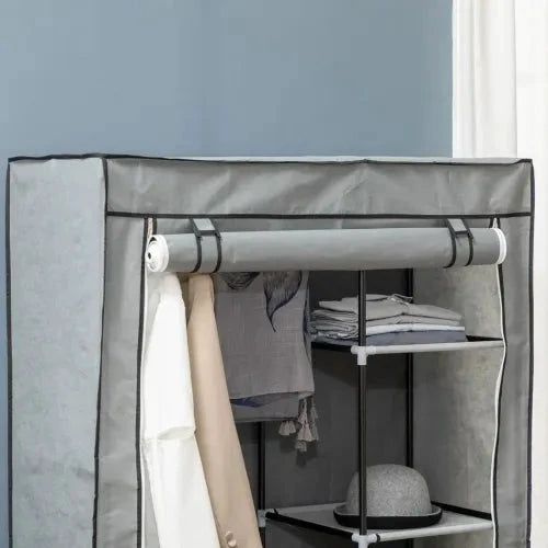 Fabric Wardrobe Portable Wardrobe with 6 Shelves 1 Hanging Rail Light Grey by Unbranded