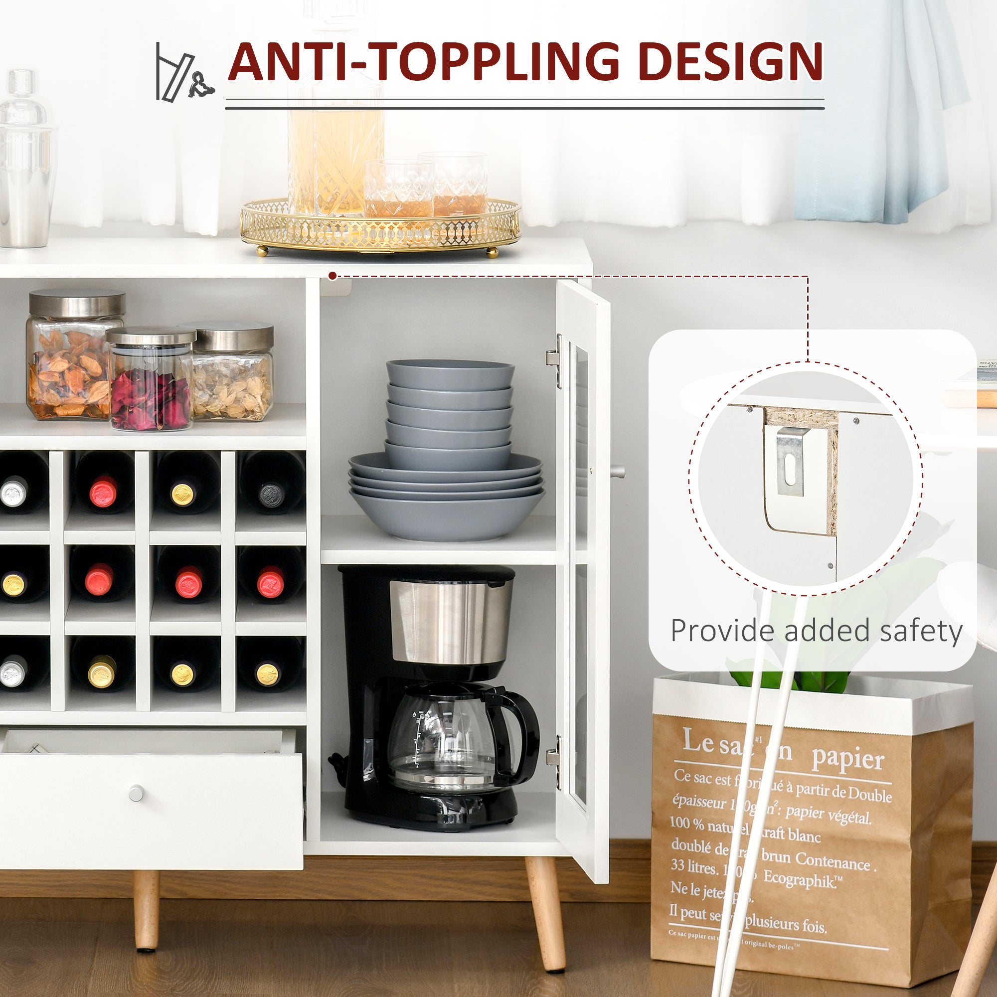 Sideboard Cabinet Kitchen Cupboard with Glass Doors, Drawer & Wine Rack - Wine Rack from Unbranded