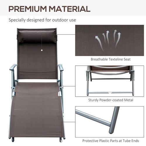 Outsunny Sun Lounger Recliner w/ Pillow Foldable 7 Levels Texteline Brown - Home Symphony