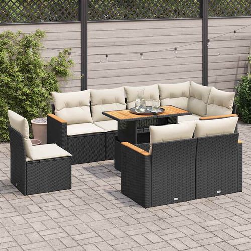 vidaXL 9 Piece Garden Sofa Set with Cushions Black Poly Rattan Acacia - Home Symphony