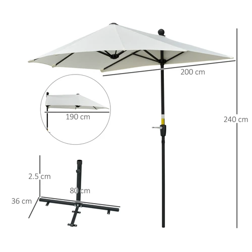Outsunny Cream White Half Parasol with Crank Handle 2m Double Canopy for Small Gardens and Outdoor Patios - Parasol