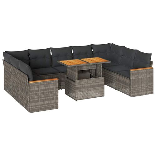vidaXL 10 Piece Garden Sofa Set with Cushions Grey Poly Rattan Acacia - Home Symphony