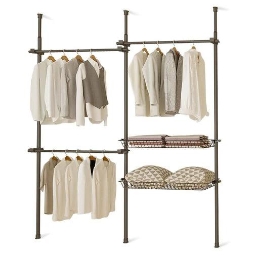Double Telescopic Wardrobe Organiser with Adjustable Rail and Storage Baskets for Small Space Living by Direct Online Houseware