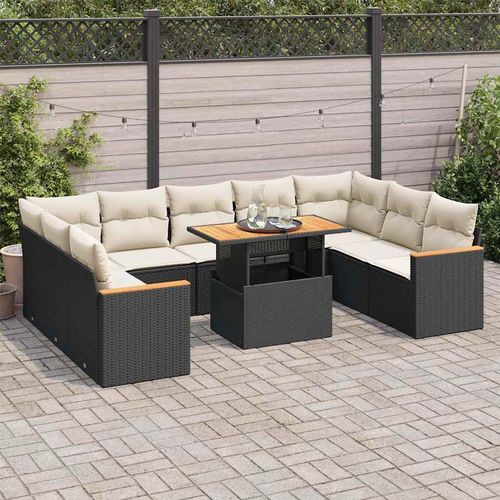 vidaXL 10 Piece Garden Sofa Set with Cushions Black Poly Rattan Acacia - Home Symphony