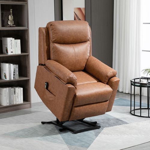 A HOMCOM Power Lift Chair Electric Riser Recliner with Remote Control in brown is set in a modern living room. Behind it, a bookshelf displays items, and a side table holds a potted plant. A patterned rug adorns the floor, while curtains elegantly cover the window.