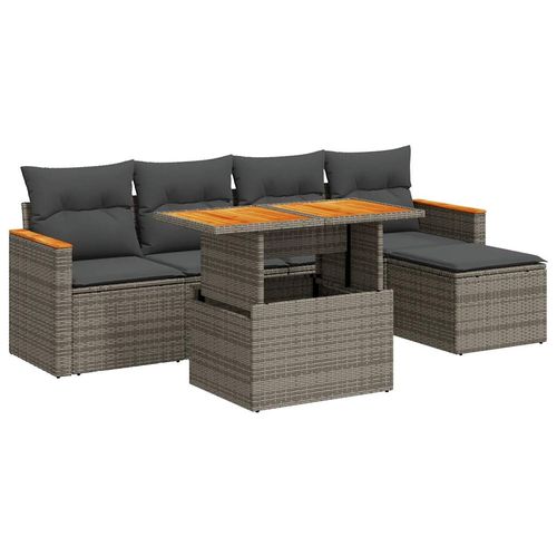 vidaXL 6 Piece Garden Sofa Set with Cushions Grey Poly Rattan Acacia - Home Symphony