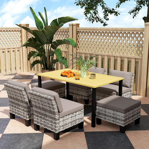 Outsunny 7 Piece Rattan Garden Dining Set with Cushions and Umbrella Hole for Outdoor Gatherings - Home Symphony