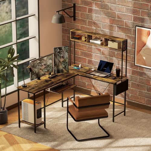 HOMCOM Reversible Corner Desk w/ USB Port, Long Computer Desk for 2 Person - Home Symphony