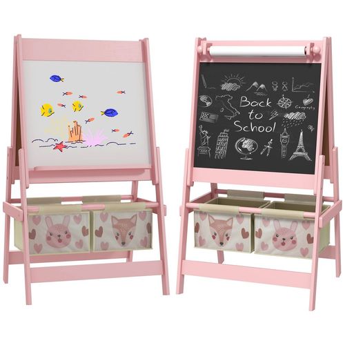 AIYAPLAY Kids Easel with Paper Roll, Blackboard, Whiteboard, Storage, Pink - Home Symphony