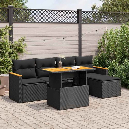 vidaXL 6 Piece Garden Sofa Set with Cushions Black Poly Rattan Acacia - Home Symphony