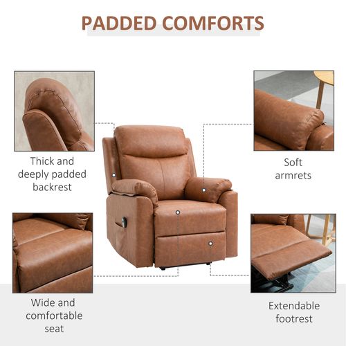 Experience ultimate relaxation with the HOMCOM Power Lift Chair. This brown leather electric riser recliner features a thick padded backrest, wide seat, soft armrests, extendable footrest, and convenient remote control for easy adjustments. Text at the top reads Padded Comforts.