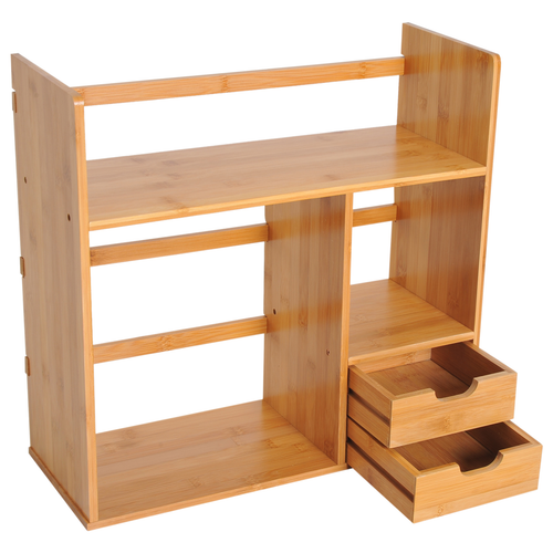 Bamboo Desktop Organizer with 180 Degree Rotation and Two Drawers for Office Storage Enthusiasts - Home Symphony