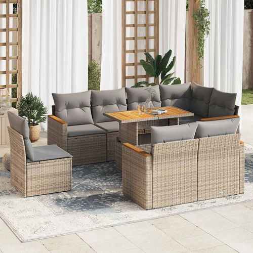 vidaXL 9 Piece Garden Sofa Set with Cushions Beige Poly Rattan Acacia - Home Symphony