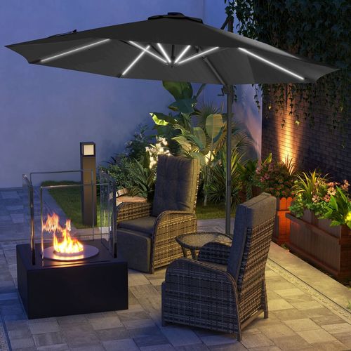 Outsunny 3(m) Solar LED Cantilever Parasol Adjustable Garden Umbrella Dark Grey - Home Symphony