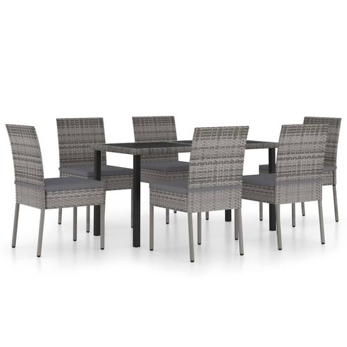 vidaXL 7 Piece Outdoor Dining Set with Cushions Poly Rattan Grey - Home Symphony