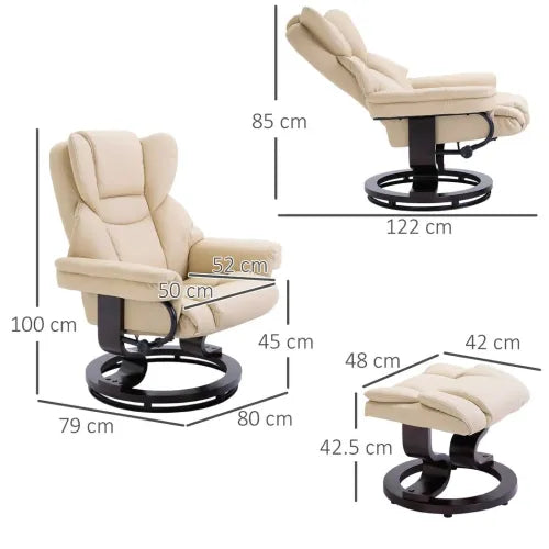 Padded PU Leather Manual Reclining Armchair Sofa Chair w/ Footstool Cream - Home Symphony
