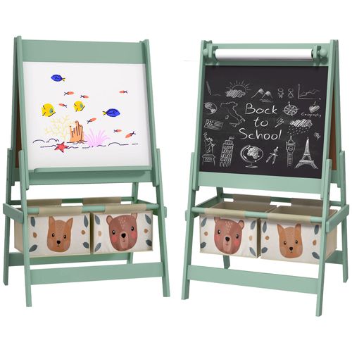 AIYAPLAY Kids Easel with Paper Roll, Blackboard, Whiteboard, Storage, Green - Home Symphony