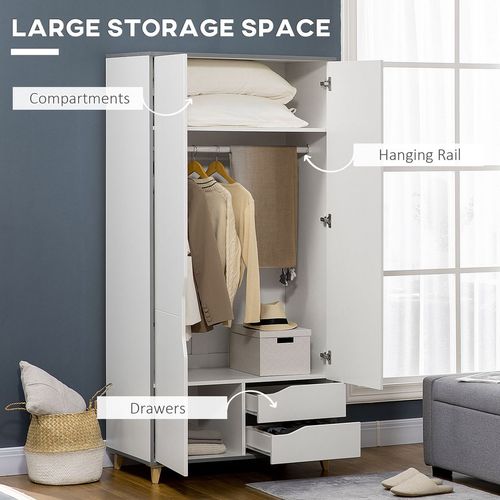 Wardrobe with Drawers, Shelves, Hanging Rail, Bedroom Clothes Organizer, White - Home Symphony