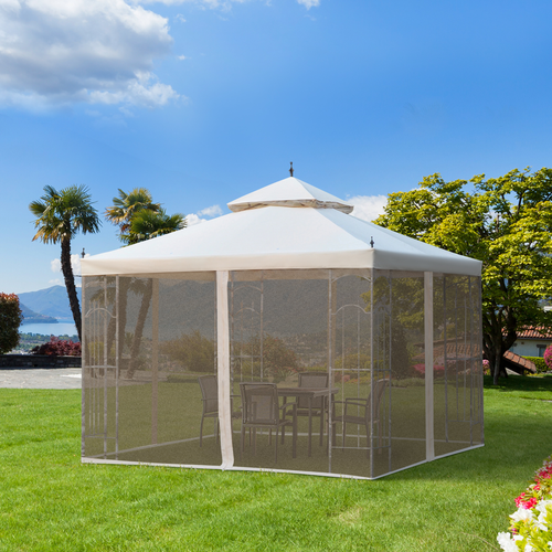 Elegant Outsunny Double Top Garden Gazebo 3 x 3 M Cream White with Curtains, ideal for outdoor parties and events.