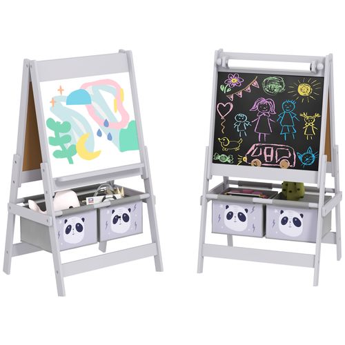 AIYAPLAY Kids Easel with Paper Roll, Blackboard, Whiteboard, Storage, Grey - Home Symphony