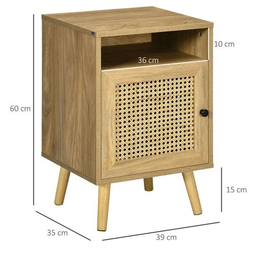 HOMCOM Nightstand, Rattan Bedside Table, Sofa Side Table w/ Cabinet, Shelf - Home Symphony