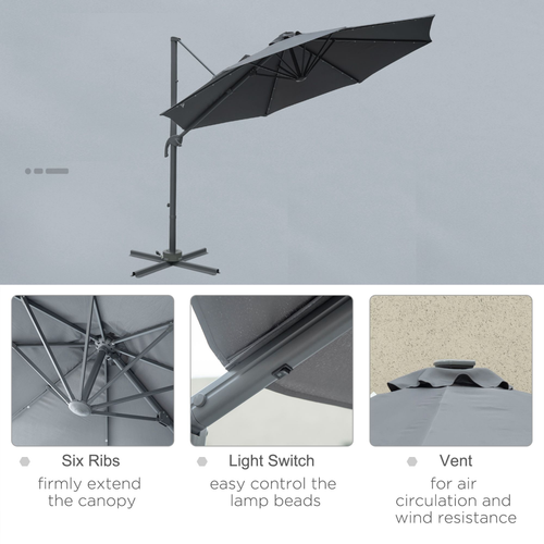 3m Cantilever Patio Umbrella with Solar Powered LED Lights for Outdoor Entertaining - Home Symphony