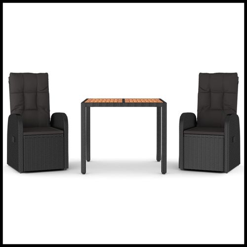 3 Piece Garden Dining Set Black Poly Rattan&Solid Wood Acacia - Home Symphony