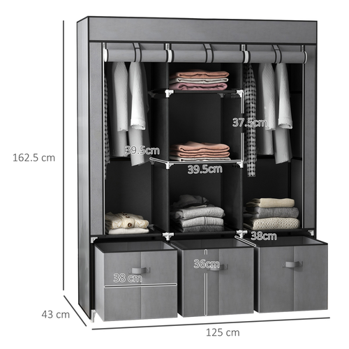 HOMCOM Portable Fabric Wardrobe 125x43x162.5cm with 5 Shelves 3 Drawers and 2 Hanging Rails for Organized Clothing Storage - Home Symphony